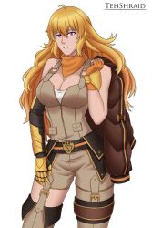 1girls blonde_female blonde_hair cleavage jacket_removed long_hair long_hair_female posing purple_eyes robotic_arm rwby scarf tehshraid yang_xiao_long