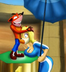 abuse anthro blonde_hair breasts clothing crash_(series) crash_bandicoot fur furry furry_female furry_male isabella_bandicoot makeup oral oral_sex orange_fur parasol podium size_difference smaller_male trophy_girls