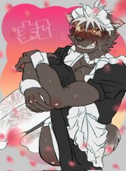 1boy 67drttk anthro artist_name ball_bulge body_fur brown_eyes bulge canine clothed clothing crossdressing crying domestic_dog embarrassed erection genitals grey_fur hi_res lace_panties lace_thigh_highs lifewonders maid_uniform male male_only mammal panties panty_shot pecs penis_outline sitting snarling solo tadatomo tears tokyo_afterschool_summoners underwear uniform white_hair yellow_sclera