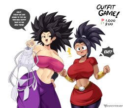 2girls big_breasts black_hair blush blushing byghosteduard caulifla chocolate_and_vanilla cleavage clothes_hanger dragon_ball dragon_ball_super dragon_ball_z female female_only female_saiyan girls_reacting_to_bikini_(meme) kale large_breasts navel open_mouth strip_game sweat text text_bubble thick_thighs thighs universe_6/universe_7 universe_6_girls virgin_destroyer_sweater wide_hips