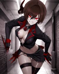 ai_generated brown_hair crazy crazy_eyes crazy_smile grin knife original_character red_eyes ripped_clothing running_towards_viewer school_hall school_uniform short_hair