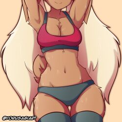 big_breasts breasts female fur long_hair lopunny pokemon pokemon_(species) shorts smile sports_bra sweat thick_thighs thighhighs wide_hips yorusagi