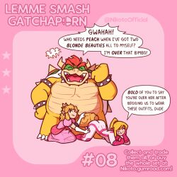 ass balls bending_over bent_over bisexual bisexual_male bodysuit bowser cosplay crossdressing crossover dialogue dress erection female femboy handjob huge_balls huge_cock link link_(breath_of_the_wild) male mario_(series) metroid mmf_threesome nikoto_all-stars_smashing nintendo penis princess_peach_(cosplay) samus_aran scalie size_difference speech_bubble tenting the_legend_of_zelda