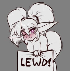 bent_over biting_lip blush breasts female full-face_blush league_of_legends long_hair looking_at_viewer monochrome nude pointy_ears poppy purple_eyes riot_games saliva scorpdk sign smile solo spot_color thighhighs twintails wink yordle