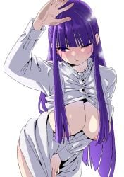 1girls area areola areola_slip areolae artist_request bangs big_breasts blush breasts busty curves curvy curvy_female curvy_figure female female_only fern_(sousou_no_frieren) hair_over_nipples huge_breasts karube_guri large_breasts light-skinned_female light_skin nipples partially_clothed purple_eyes purple_hair sousou_no_frieren steam steaming_breath steamy_breath