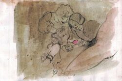 1910s 1boy 3girls aroldo_bonzagni assisted_fellatio bondage breasts_out cum_in_mouth hair_grab handjob partially_colored rope_bondage traditional_media_(artwork) vintage