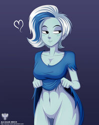 1girls :3 absurdres alcasar-reich black_eyes blue_dress blue_hair breasts dress dress_lift female female_only ghost ghost_girl hanna-barbera heart highres looking_away monster_girl navel phantasma_phantom pussy scooby-doo scooby-doo_and_the_ghoul_school short_hair solo two_tone_hair white_hair