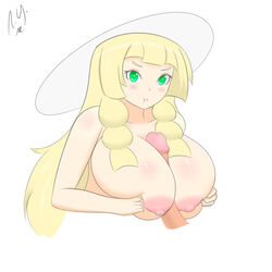 >:< 1boy 1girls alternate_breast_size areolae artist_request blonde_hair blush braids breast_grab breasts erection eyelashes female green_eyes hat huge_breasts human lillie_(pokemon) long_hair looking_at_viewer male nintendo nipples paizuri penis pokemon pokemon_sm straight white_background