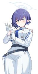 1girl 1girls absurdres angry_expression angrygentle aoi_(blue_archive) blue_archive blue_eyes blue_hair blue_necktie blush_lines general_student_council_(blue_archive) general_student_council_logo_(blue_archive) gloves halo highres looking_at_viewer looking_down mole_under_eye pointed_ears pointy_ears white_dress white_gloves white_shirt