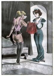 1930s 2girls ass bottomless carlo_(artist) choker corset crying femdom lingerie thighhighs traditional_media_(artwork) vintage