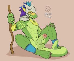 absurd_res anthro balls biskierisky claws erection finger_claws genitals green_body hi_res lizardman male male_only penis scalie solo tail terraria toe_claws witch_doctor_(terraria)