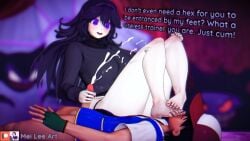 1boy 1girls 3d bad_end cum feet_on_face femdom foot_fetish foot_worship handjob hex_maniac humiliation licking_feet male/female mei_lee_art pokemon satoshi_(pokemon) smelly_feet sniffing sniffing_feet text thick_thighs