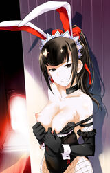 animal_ears areolae bare_shoulders black_eyes black_hair blush breasts breasts_out bunny_ears bunny_girl female flashing long_hair looking_at_viewer medium_breasts narberal_gamma nipples overlord_(maruyama) ponytail puffy_nipples solo standing