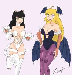 black_hair black_hair_female blake_belladonna blonde_female blonde_hair cat_ears cosplay darkstalkers felicia_(darkstalkers)_(cosplay) long_hair long_hair_female morrigan_aensland_(cosplay) purple_eyes rwby yang_xiao_long yellow_eyes zronku