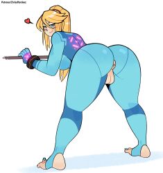 anal_cutout ass ass_focus barefoot bedroom_eyes bending_over big_ass big_breasts blonde_hair blue_eyes blush bodysuit bracelet breasts crotch_cutout crotchless exposed_anus exposed_pussy eyes_half_open hairband heart looking_at_viewer looking_back medium_hair metroid pale-skinned_female pale_skin pole ponytail presenting presenting_hindquarters pussy_cutout samus_aran skin_tight smile thegreyzen thehornyzen watermark zero_suit zero_suit_samus