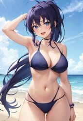 1girls ai_generated ai_hands amikura_mako beach_background belly_button blue_eyes choker classroom_of_the_elite female long_hair looking_at_viewer open_mouth posing_for_the_viewer purple_bikini purple_hair solo_female solo_focus wristband youkoso_jitsuryoku_shijou_shugi_no_kyoushitsu_e