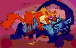 blood blue_body blue_fur bodily_fluids duo fur gore guncht male male/male orange_body orange_fur peeing semi-anthro