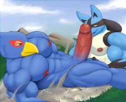 absurd_res anthro areola avian ball_fondling balls beak big_muscles bird blue_body blue_feathers blue_fur bodily_fluids canid canine city destruction duo erection falco_lombardi feathers fellatio fondling fur gay generation_4_pokemon genital_fluids genitals hi_res led_owo licking lucario lying macro macro_on_macro male male/male mammal muscular muscular_anthro muscular_male nintendo nipples non-mammal_nipples oral pecs penile penis penis_lick pokemon pokemon_(species) precum sex smoke star_fox togepi1125 tongue tongue_out