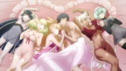 1boy 5girls almost_naked almost_nude babydoll big_breasts blonde_hair breasts brown_eyes brown_skin cat_ears cat_tail catgirl elf granat_needakitta green_eyes green_hair holding_hands horns interlocked_fingers kekkon_yubiwa_monogatari krystal_novaty_nokanatika lingerie long_ears long_hair negligee nephrites_lomka panties pointy_ears saphir_maasa short_hair sleeping small_breasts voluptuous voluptuous_female white_hair white_skin