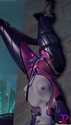 3d areolae breasts female female_only junkerz nipples overwatch solo torn_clothes upside-down widowmaker