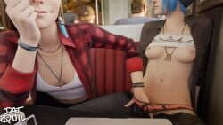 2girls 3d blender blender_(software) blue_hair breasts_out camera camera_view casual chloe_price clothed diner exhibitionism female female_only fingering fingering_partner hand_in_another's_panties hand_in_panties hidden indoors joyce_price life_is_strange life_is_strange:_before_the_storm navel_piercing nipple_piercing panties_pull public public_indecency public_masturbation public_nudity public_sex quilsfm rachel_amber restaurant shirt_lift single_nipple_ring stealth_fingering stealth_sex tagme under_the_table vulva_handjob webcam yuri