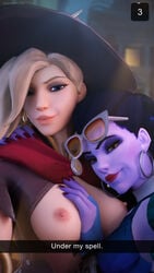 2girls 3d alternate_costume areolae blender breasts breasts_out cote_d'azur_widowmaker daintydjinn female female_only looking_at_viewer mercy nipples overwatch selfie snapchat text widowmaker witch_hat witch_mercy yuri