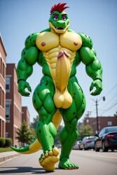 1boy 3d 4_toes abs ai_generated alligator anthro anthro_only areolae balls ballsack big_balls big_pecs big_penis exhibitionism feet five_nights_at_freddy's fnaf furry furry_only furrypornaddiction green_body huge_balls huge_cock looking_at_viewer male male_only montgomery_gator_(fnaf) muscular muscular_male nipples outside pecs penis purple_eyeshadow red_hair reptile reptilian scalie sharp_teeth soles solo solo_anthro solo_male street yellow_body