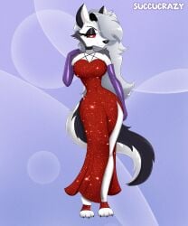 1girls anthro big_breasts canine dog_ears female furry grey_hair hellhound helluva_boss jessica_rabbit_(cosplay) long_hair loona_(helluva_boss) paws red_dress red_eyes seductive_look smile solo succucrazy tail