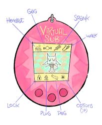 2023 ambiguous_gender averykinkyguy buttplug closed_eyes collar collar_tag english_text felid feline feral genitals hi_res mammal parody penis sex_toy smile solo tamagotchi text uwu what white_back