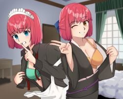 2girls :d ;d absurdres apron aqua_bra black_kimono blue_eyes blue_ribbon blunt_bangs blurry blush bow bra breasts cleavage collarbone commentary_request cowboy_shot curtains depth_of_field exhibitionism finger_to_mouth fingernails flashing grin hair_ribbon hairbow highres hisui_(tsukihime) indoors japanese_clothes kimono kohaku_(tsukihime) long_fingernails looking_at_viewer loose_neck_ribbon maid maid_headdress medium_breasts multiple_girls obi off_shoulder okikumo one_eye_closed open_clothes open_mouth pointy_chin public_indecency red_hair red_ribbon ribbon sash short_hair shushing siblings sisters smile strap_gap tsukihime twins underwear upper_body v wide_sleeves window yellow_eyes