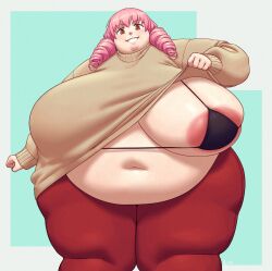 1girls 2024 areola_slip bbw belly better_with_salt bra breasts brown_eyes drill_hair fat female female_focus gigantic_breasts hi_res high_resolution highres hips huge_belly huge_breasts katawa_shoujo mikado_shiina navel obese obese_female overweight overweight_female pancake_nipples pink_hair plump shirt_lift solo solo_female solo_focus voluptuous wide_hips