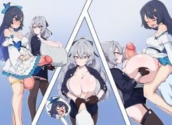 1futa 1girls balls big_balls big_breasts black_hair blue_eyes blue_hair blush bottomless breasts bronya_zaychik cleavage closed_eyes clothed clothing dmxwoops dress duo erection expressionless female futa_on_female futanari grey_eyes grey_hair hand_on_breast hat honkai_(series) honkai_impact_3rd huge_breasts huge_cock human light-skinned_female light-skinned_futanari light_skin long_hair mostly_clothed paizuri penis seele_vollerei smooth_balls smooth_penis stockings