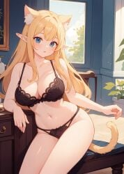 ai_generated blonde_female blonde_hair blonde_hair blue_eyes breasts breasts cat_ears cat_girl cat_tail catgirl cleavage elf elf_ears elf_female female female_only huge_boobs huge_breasts jorgecarlosai lingerie neko neko_ears nekomimi panties solo solo_female