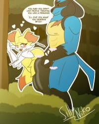 anal anthro blue_body blue_fur braixen braixen_(braixensanders) bulge bulge_size_difference detailed_background dialogue duo forest from_behind_position fur gay generation_4_pokemon generation_6_pokemon girly hi_res holding_partner kiyu_(sillyniko) lucario male male/male moan nagisalucario nintendo noises penetration plant pokemon pokemon_(species) sex shrub sillynikoarts_(artist) size_difference standing standing_doggystyle standing_sex tree yellow_body yellow_fur