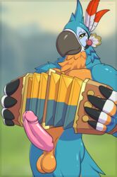 accordion anthro balls big_penis breath_of_the_wild erection humanoid_penis kass_(zelda) looking_at_viewer male male_only muscular muscular_male musical_instrument nintendo penis rito smile solo the_legend_of_zelda tridark video_games