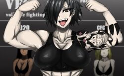 3girls biceps black_fur black_hair breasts eyebrow_piercing looking_at_viewer muscular_female original tattoo tongue_out tongue_piercing yuko_mizobuti_(zokusuke) zokusuke