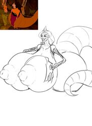 bartok_the_magnificent big_breasts blonde_hair breast_press breast_squeeze breasts don_bluth dragon dragon_transformation female lipstick long_hair ludmilla_(bartok) nipples smile tail teeth tied_hair transformation