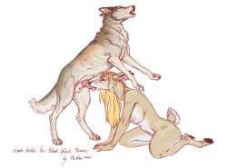 anthro blonde_hair brown_body canid canine canis deer duo fellatio female feral hair male male/female mammal oral penile proann sex wolf zoophilia