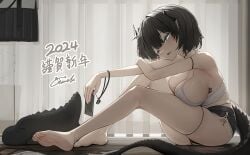 ass bare_legs barefoot big_breasts black_fur blue_eyes bob_cut elf_ears feet genek horns looking_at_viewer lying_on_ground petite petite_body petite_female shorts sideboob tail teenager thick_thighs