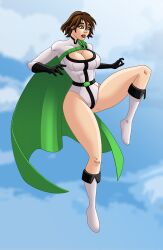 alien alien_girl alien_humanoid ben_10 ben_10000 ben_tennyson black_gloves breasts_bigger_than_head brown_hair brunette_hair cleavage cleavage_window curvaceous curvy_female curvy_figure dc dc_comics female_ben gender_transformation genderswap genderswap_(mtf) green_cape green_eyes kryptonian large_breasts omnitrix power_ben power_girl_(cosplay) rule_63 superhero_costume white_boots white_leotard wide_hips