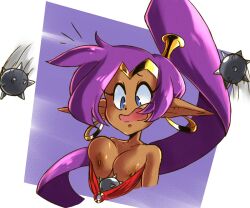 2023 blue_eyes breasts brown_body brown_nipples dark_nipples erect_nipples female female_focus female_only nipple_slip nipples ponytail princesskari purple_background purple_hair shantae shantae_(character) spikes wardrobe_malfunction wayforward white_background