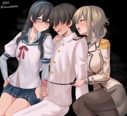 1boy 2girls admiral_(kantai_collection) black-framed_eyewear black_hair black_necktie black_pantyhose blue_eyes blue_hairband blue_sailor_collar blue_shirt blue_skirt blush breasts censored closed_mouth collared_shirt epaulettes ffm_threesome folded_ponytail glasses green_eyes grey_shirt grey_skirt hairband handjob highres hip_vent jacket kantai_collection katori_(kantai_collection) large_breasts layered_sleeves light-skinned_female light-skinned_male light_brown_hair light_skin long_hair long_sleeves m.a.o male/female military_uniform mosaic_censoring multiple_girls naval_uniform necktie ooyodo_(kantai_collection) open_mouth pants pantyhose penis pleated_skirt sailor_collar shirt short_hair short_over_long_sleeves short_sleeves signature skirt smile threesome twitter_username uniform white_jacket white_pants