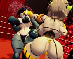 2girls 3d 3d_(artwork) ass big_ass bikini boxing boxing_gloves boxing_match boxing_ring catfight cheek_punch fat_ass female_focus female_only huge_ass josugomezofficialnew large_ass murder_drones punch punching punching_face purple_hair robot robot_girl ryona short_hair thick thick_ass thick_thighs thighs uzi_(murder_drones) v_(murder_drones) vs white_hair wide_hips