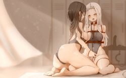 2girls ahe_gao ass bare_legs barefoot belly_button big_breasts black_hair blush bondage bondage_gear bondage_outfit breast_on_breasts breast_squeeze feet fingering genek long_hair petite petite_body petite_female shibari swimsuit tied_up white_hair yuri