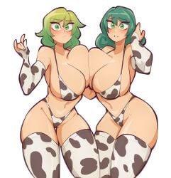 2024 2d 2d_(artwork) 2girls ass big_ass big_thighs blush breasts_together cleavage cow_print cow_print_armwear cow_print_bikini cow_print_thighhighs female female_focus female_only green_eyes green_hair hi_res highres hips light-skinned_female light_skin midriff multiple_girls navel original original_characters saucymojo short_hair size_difference thick_thighs thighs thong wide_hips