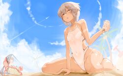 ass bare_legs barefoot beach big_ass blue_sky genek one-piece_swimsuit petite petite_female short_hair sky slim_waist tanned tanned_female tanned_girl tanned_skin teenager thick_thighs white_hair wide_hips