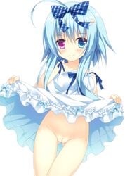 absurdres ahoge ass_visible_through_thighs bangs bare_arms bare_shoulders blue_dress blue_eyes blue_hair blue_ribbon blush clitoris cowboy_shot dress eyebrows_visible_through_hair female frilled_dress frills hair_between_eyes hair_ornament hair_ribbon hairclip heterochromia highres lifted_by_self looking_at_viewer minatsuki_kou nanakuni_kotone natsuiro_kokoro_log no_panties partially_visible_vulva purple_eyes pussy ribbon shiny shiny_hair shiny_skin short_hair_with_long_locks sidelocks simple_background skirt skirt_lift sleeveless sleeveless_dress slim_waist smile solo standing star star_hair_ornament striped striped_ribbon thigh_gap uncensored white_background