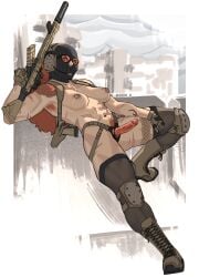 1girls assault_rifle gekk_0 gun mask military muscular pose sex_toy strap-on