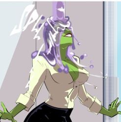 1girls batnipsforever big_breasts covered_in_slime female female_only glasses green-skinned_female green_body green_skin hulk_(series) marvel marvel_comics messy office_clothing purple_liquid she-hulk slime solo wet wet_body wet_clothes wet_hair wet_shirt