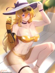 1girls beach_chair blonde_female blonde_hair cleavage hocen long_hair long_hair_female phone purple_eyes robotic_arm rwby sun_hat sunglasses sunglasses_on_head yang_xiao_long